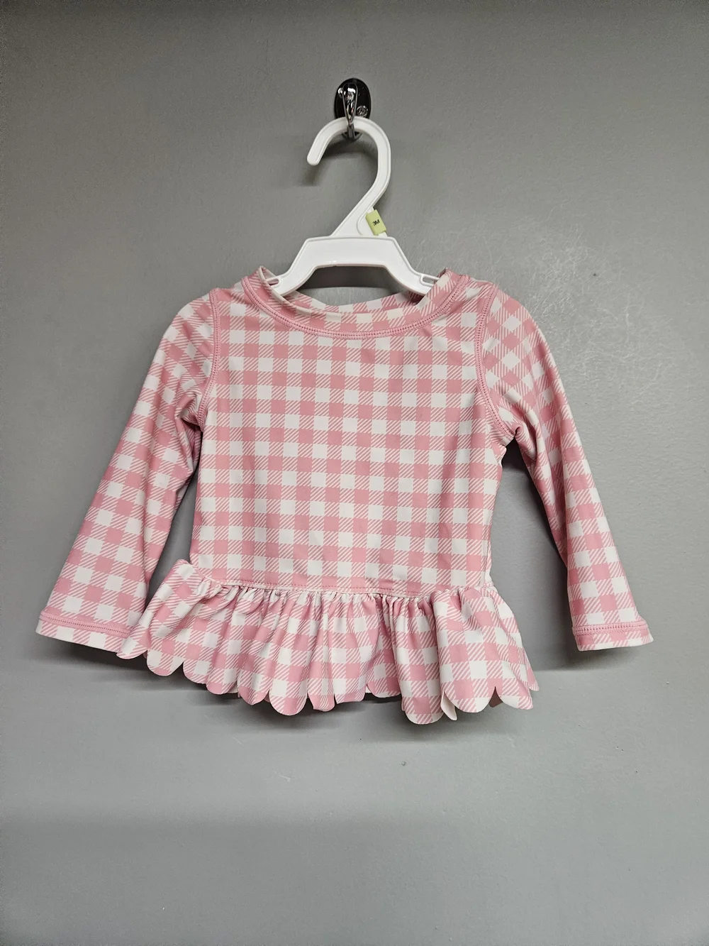 Rufflebutts Girls 12 - 18 Month Pink Gingham Long-Sleeve Rashguard Swim Top